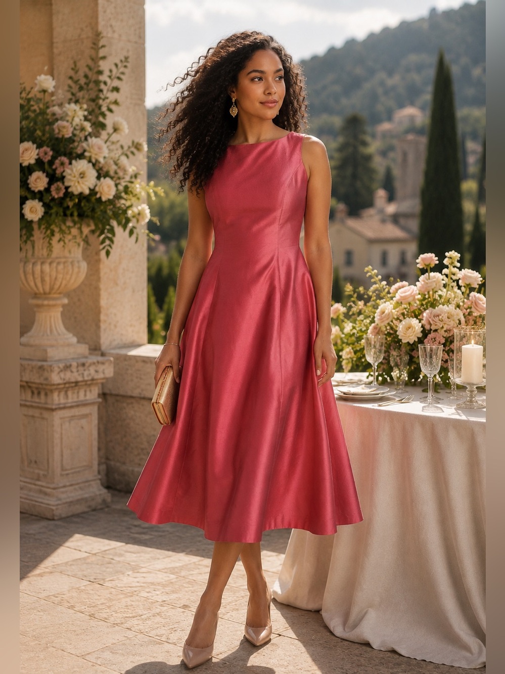 Elda De La Rosa Haute Couture Pink Shantung Silk Midi Autumn Wedding Guest Dress